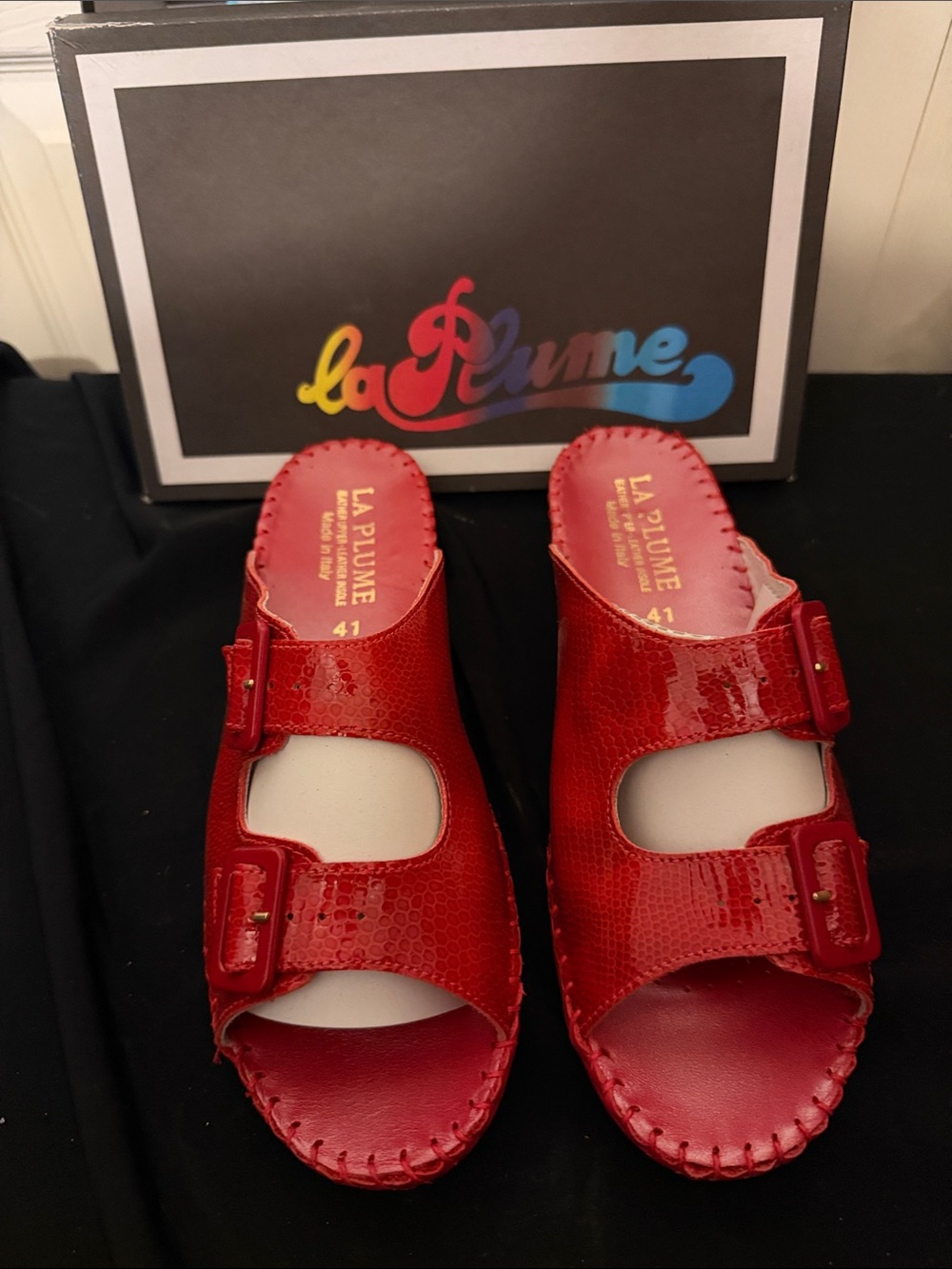 La Plume Women’s Red Double-Buckle Slide Sandals
